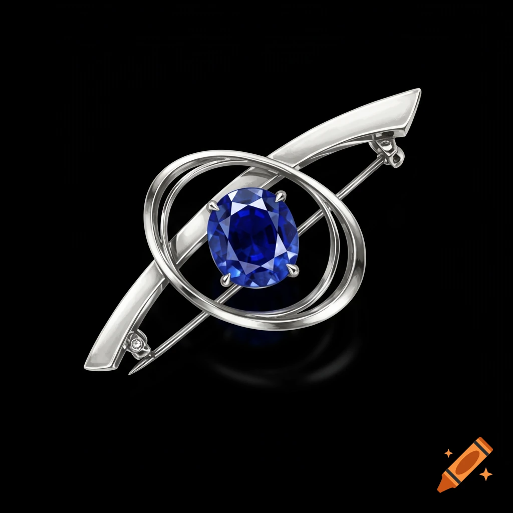 A modern silver brooch featuring a large oval blue sapphire gemstone on a black background.