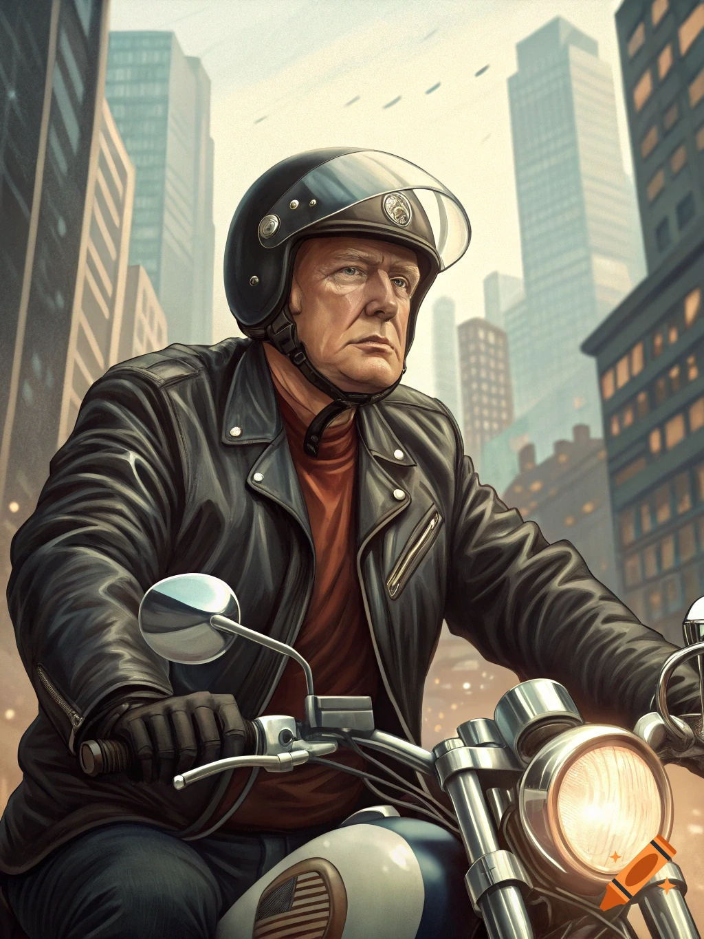 Illustration of Donald Trump riding a motorcycle in a city