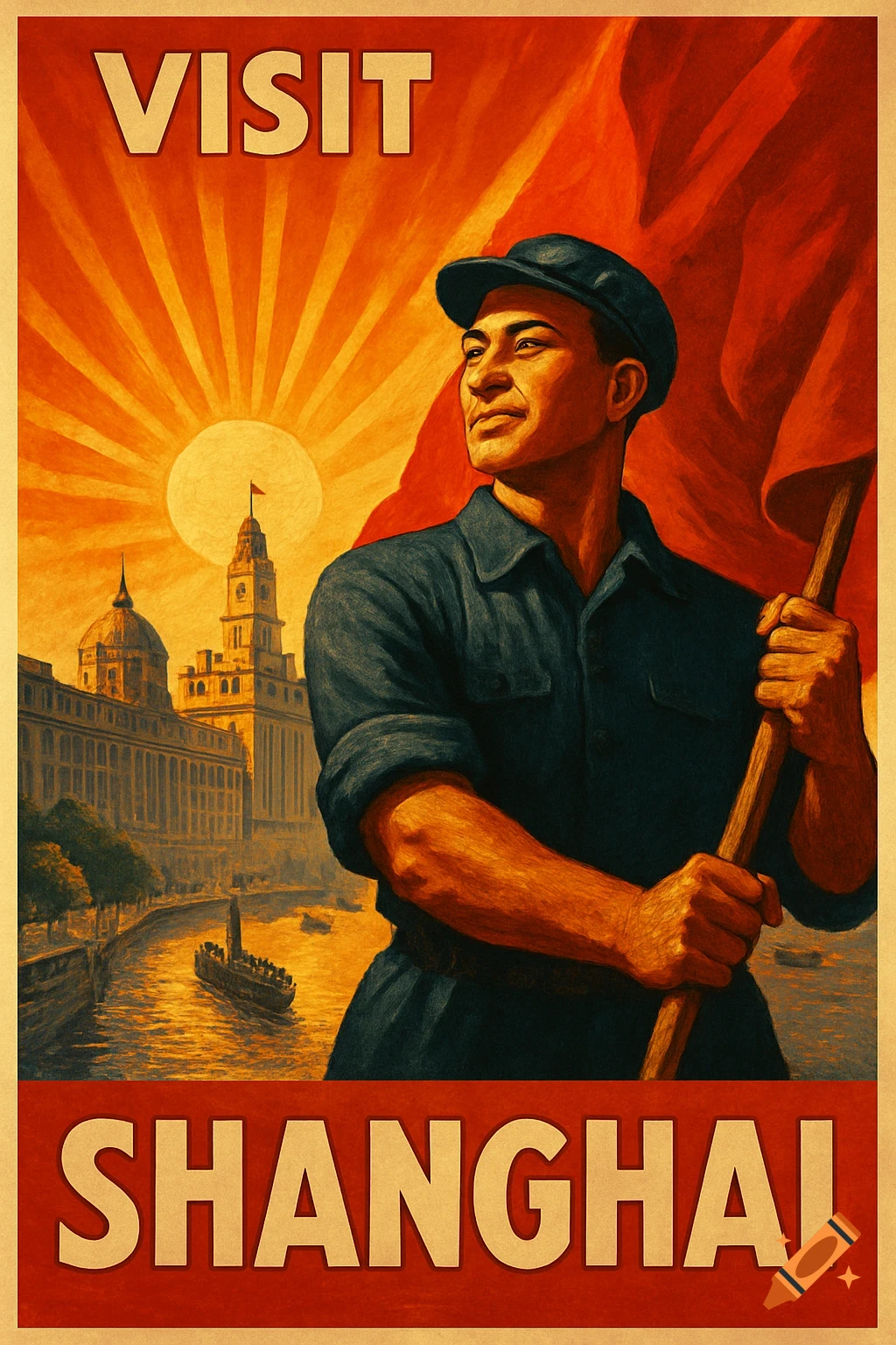 Socialist realism propaganda poster of a man holding a flag overlooking Shanghai