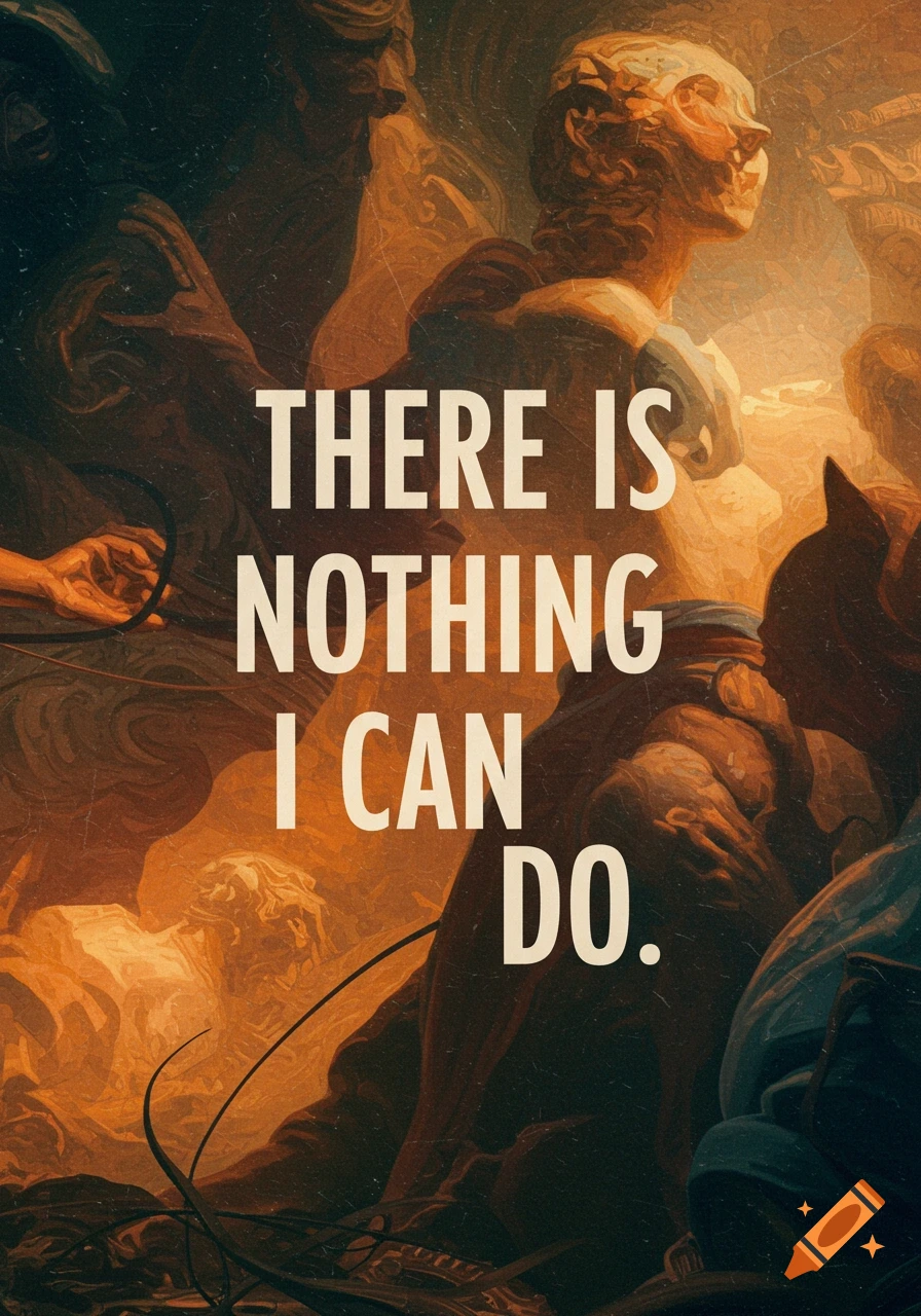 Dramatic figures in a dark, painterly style with overlay text reading 'THERE IS NOTHING I CAN DO.'