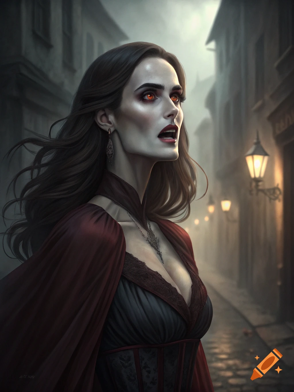 Female vampire with red eyes and dark hair wearing a dark dress and red cloak in an old street at night