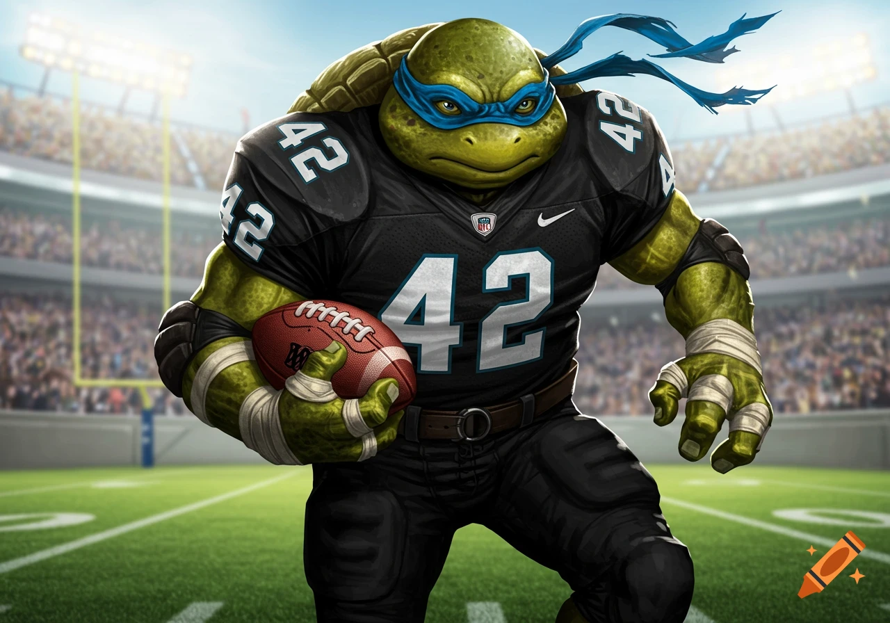 A Teenage Mutant Ninja Turtle in a black football jersey with number 42 stands in a stadium holding a football.