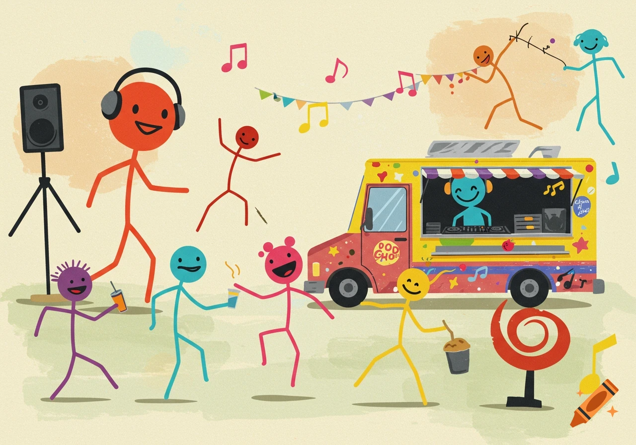 Colorful stick figures dance at an outdoor party with a DJ food truck.