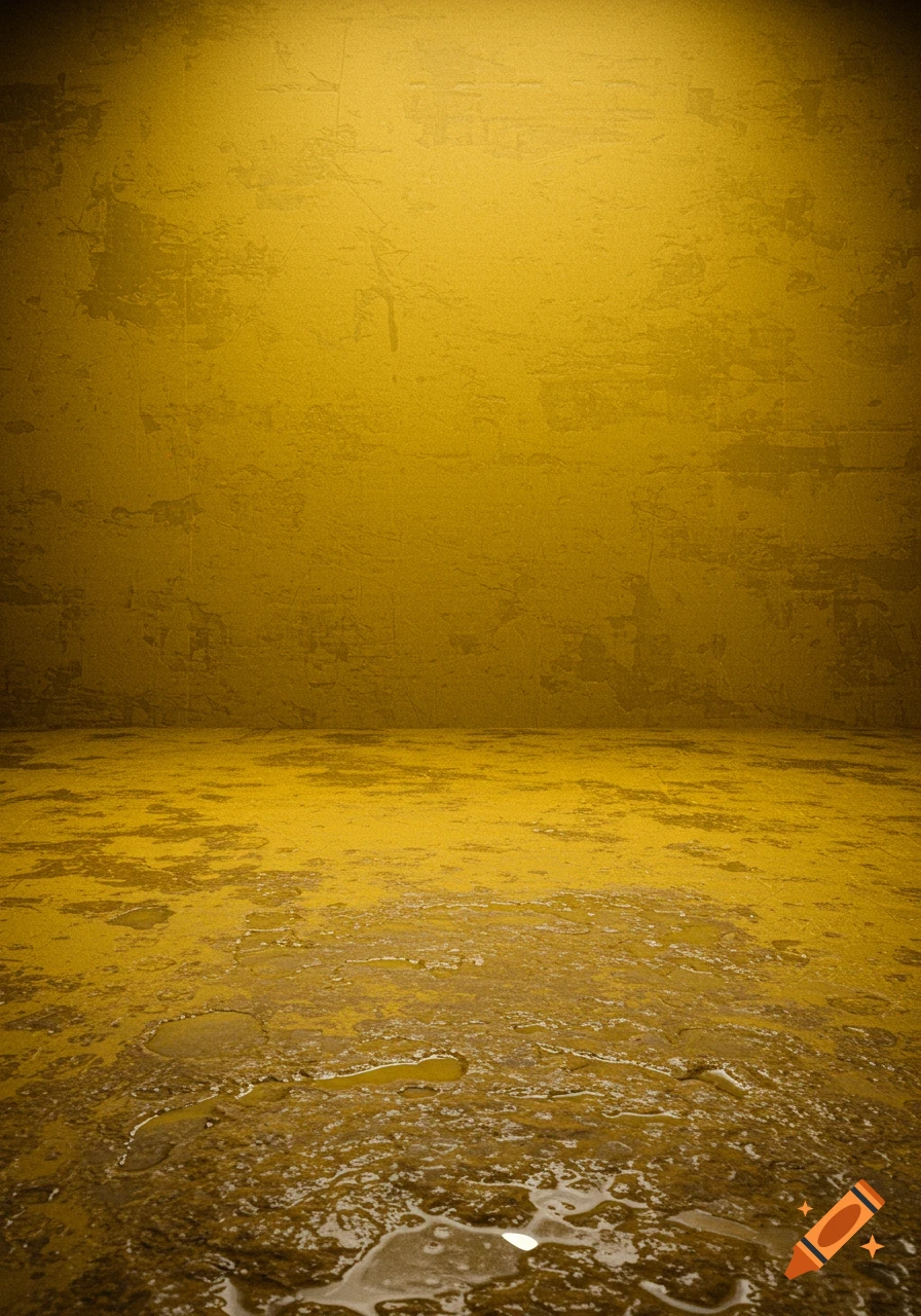 Yellow textured room with wet, puddle-covered floor and overhead spotlight.