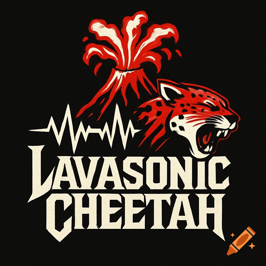 A red and white logo on black with a volcano, cheetah head, heartbeat line, and text 'LAVASONIC CHEETAH'.