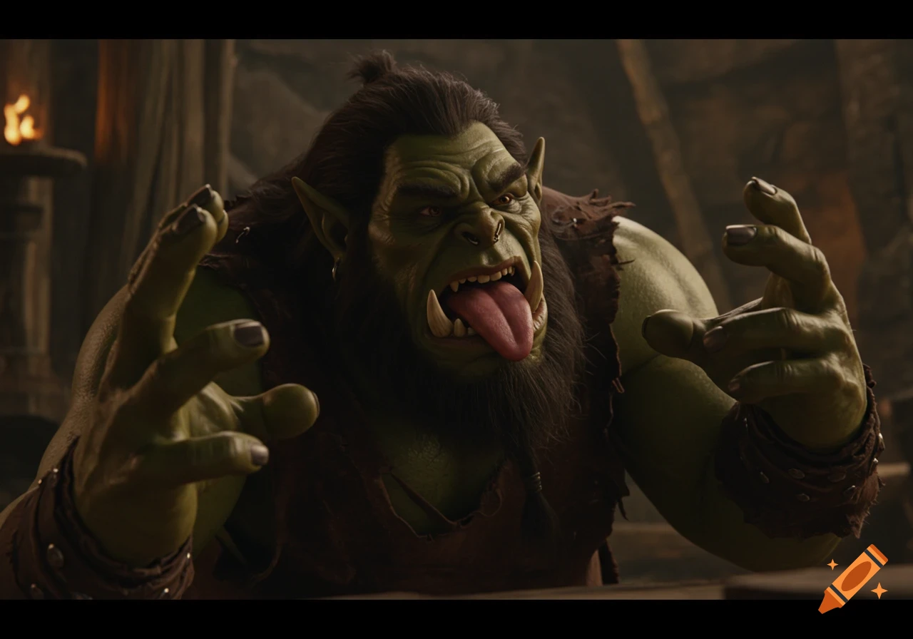 Close up of an orc character sticking out its tongue with hands raised, CGI render style.