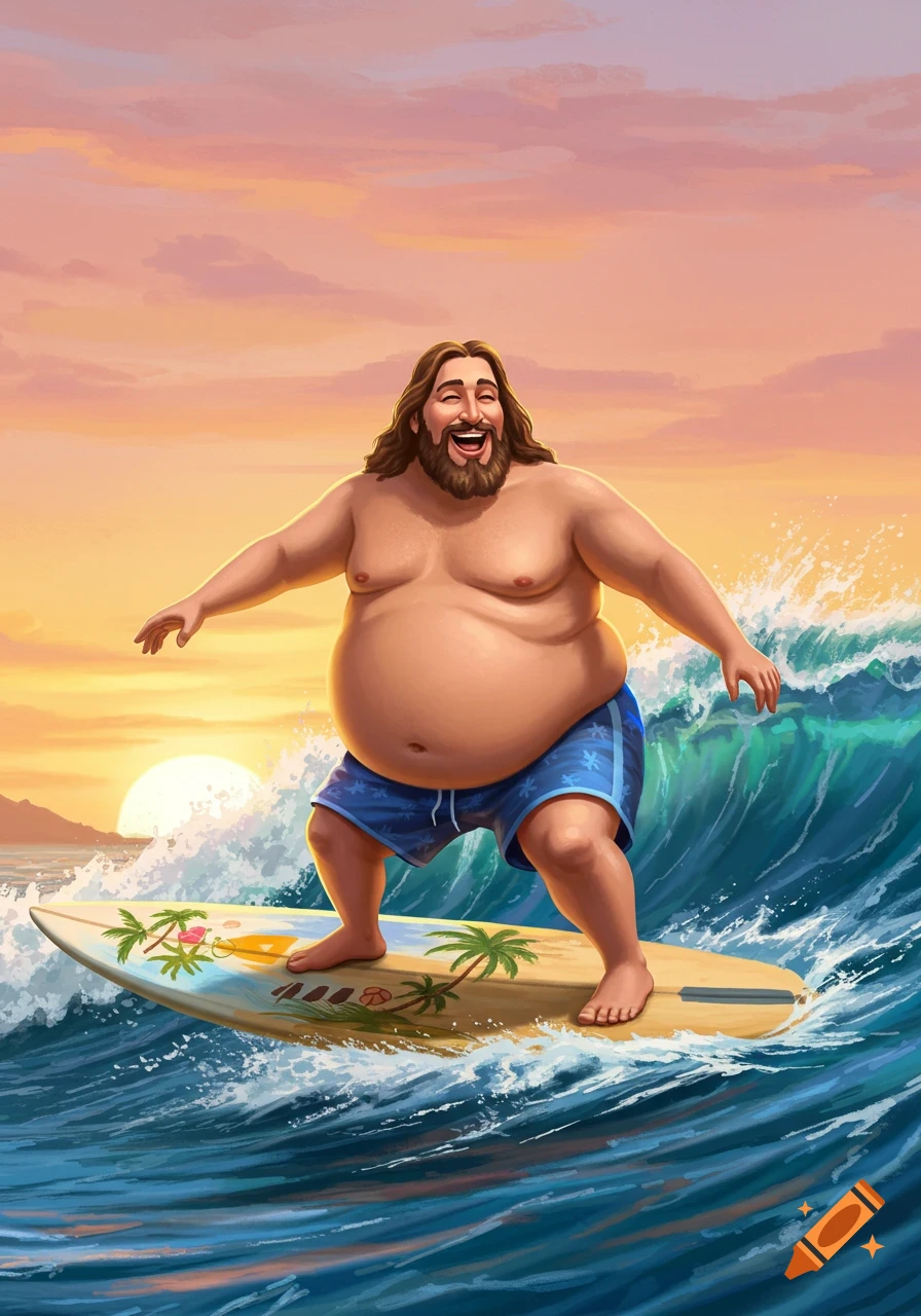Cartoon depiction of a really fat man with long hair and beard, resembling Jesus, surfing a wave at sunset.