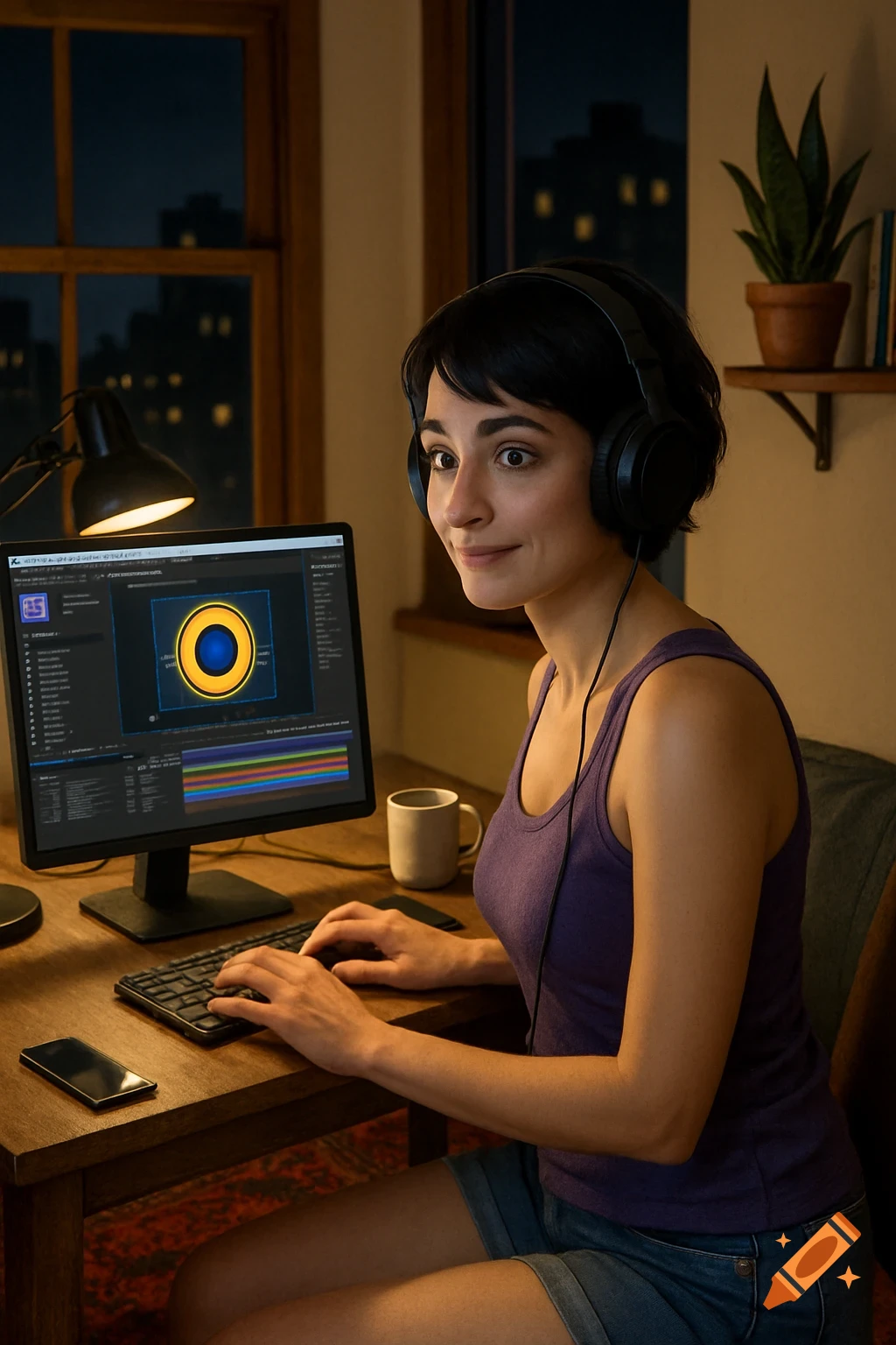 Woman with headphones works on computer at a desk in a cozy room at night