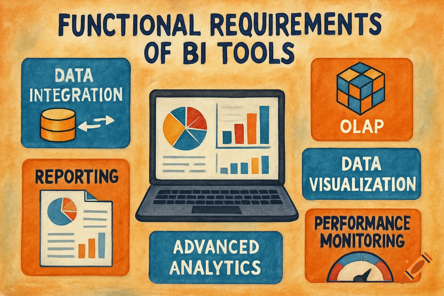 Illustration of functional requirements for BI tools: data integration, reporting, advanced analytics, OLAP, data visualization, performance monitoring.