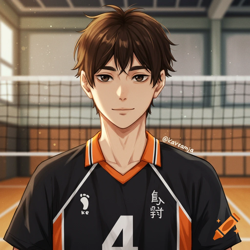 Anime portrait of a boy in a black and orange volleyball uniform with the number 4, standing on a court.
