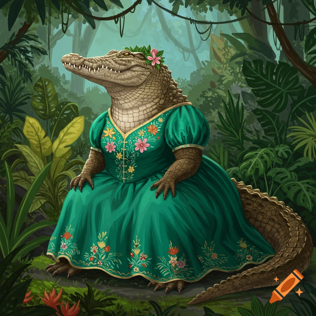 A crocodile in a green dress and flower crown sits in a jungle on Craiyon A crocodile in a green dress and flower crown sits in a jungle on Craiyon
