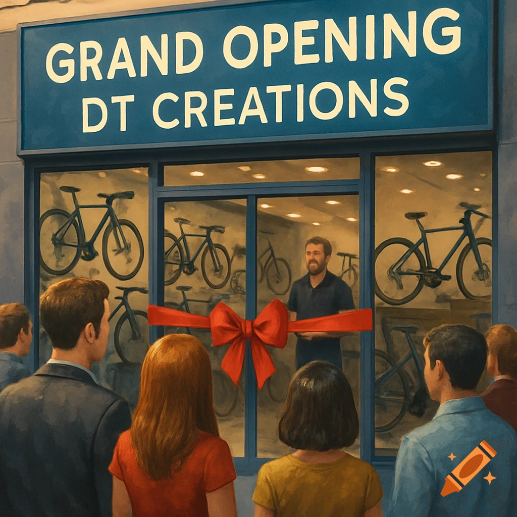 A crowd watches a man cut a red ribbon during the grand opening of a bicycle shop called DT Creations.