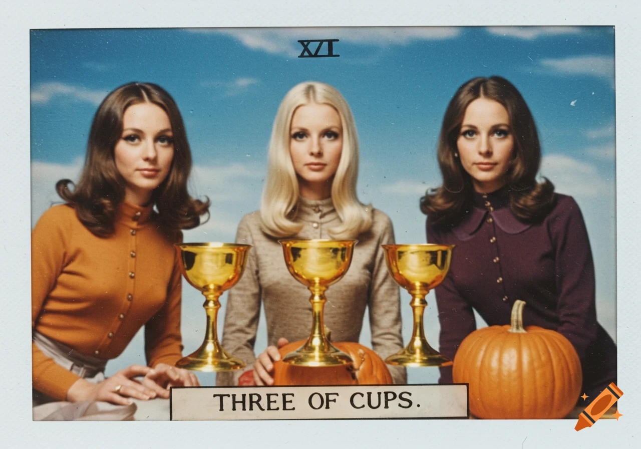 Vintage Polaroid photo of three women with golden cups and pumpkins under a blue sky.