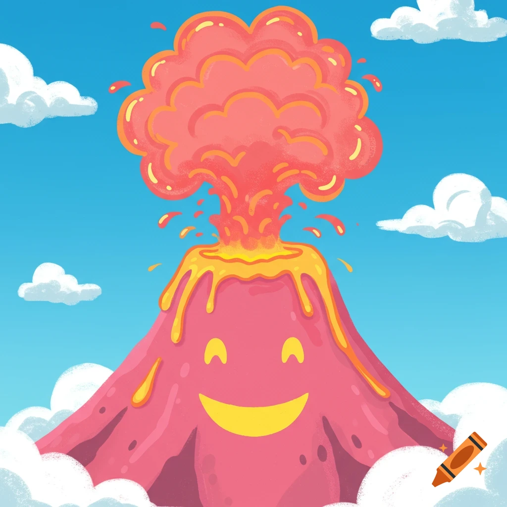 A cute cartoon volcano with a smiley face erupting under a blue sky.