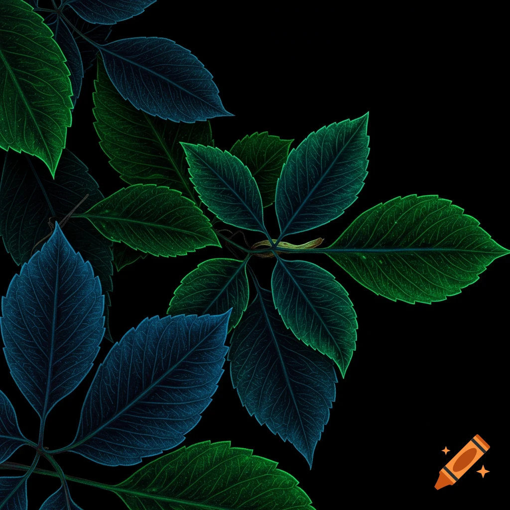 Detailed green and blue leaves with veins on a black background.