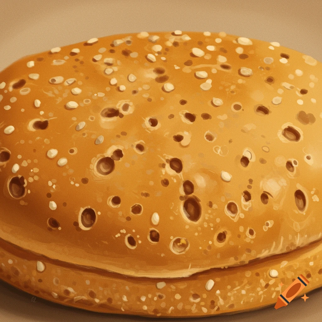 A close-up of the top of a burger bun covered in small holes.