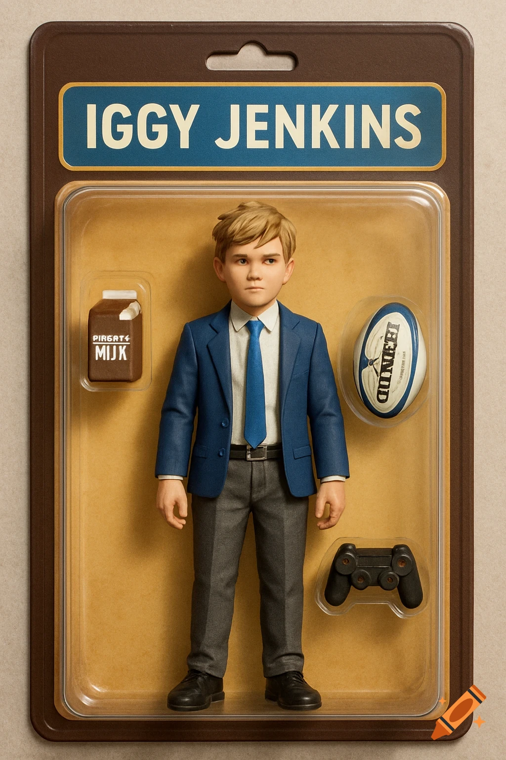 Photorealistic action figure of a boy in a suit in packaging with milk, rugby ball, and controller.