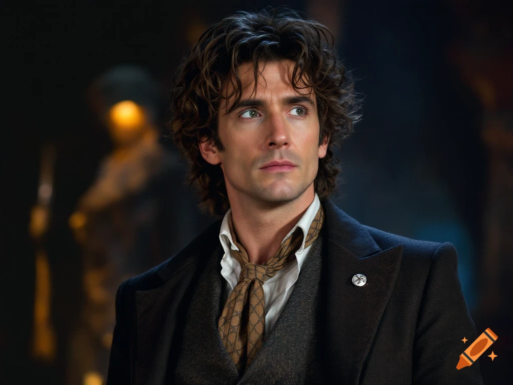 Photorealistic portrait of a man with curly brown hair in a dark coat, vest, and patterned cravat