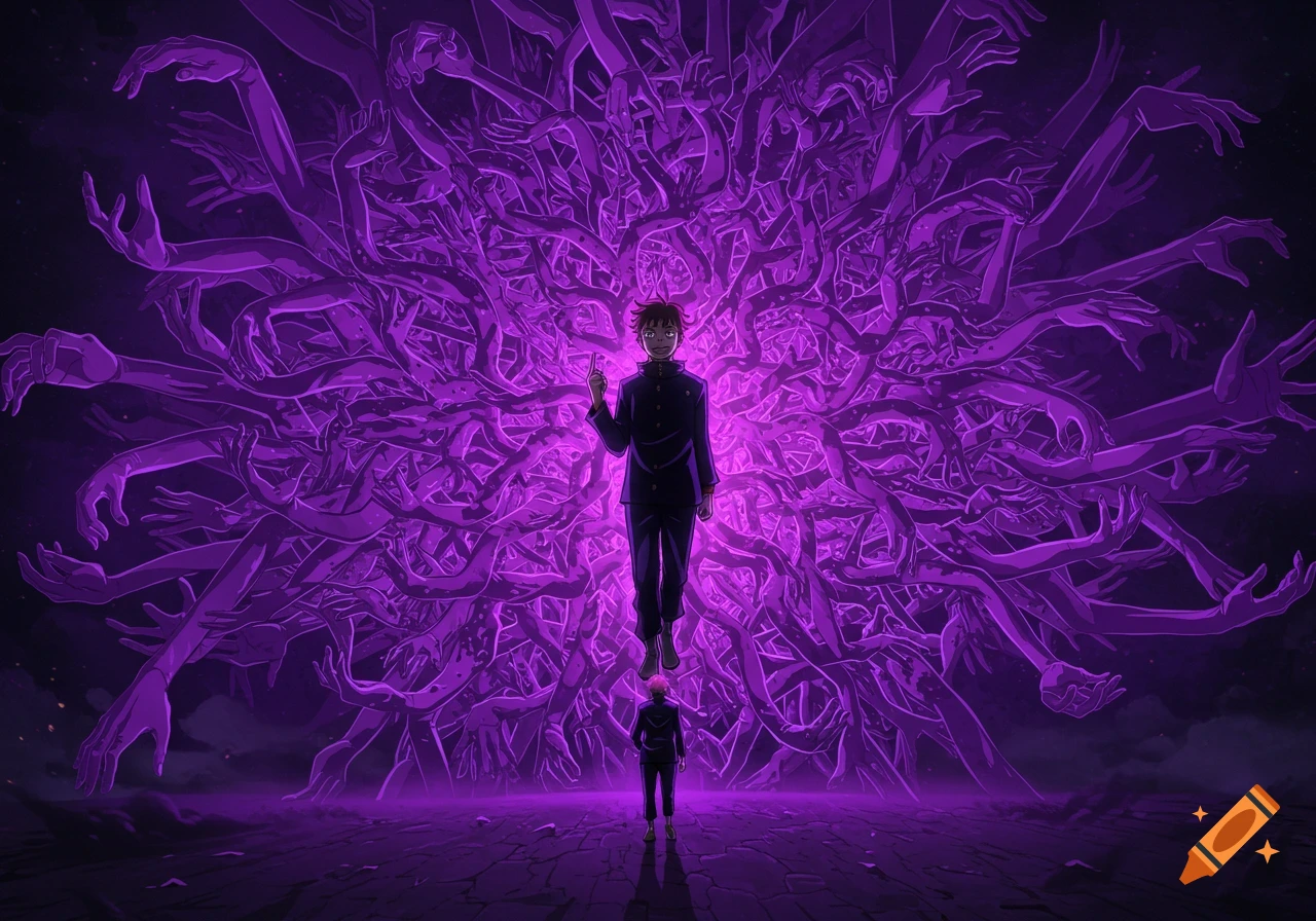Anime illustration of characters in a purple void filled with intertwined arms and hands