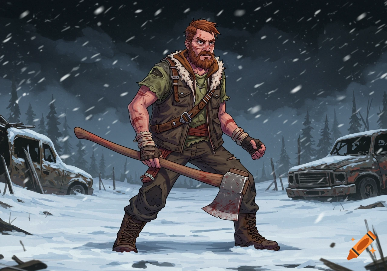 Illustration of a rugged man with a beard holding an axe in a snowy, ruined landscape with broken cars.
