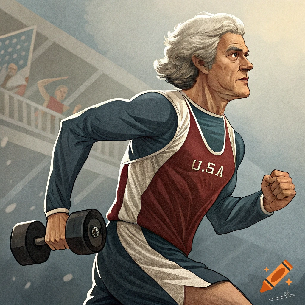 Illustration of an older Thomas Jefferson running with a dumbbell in a stadium.