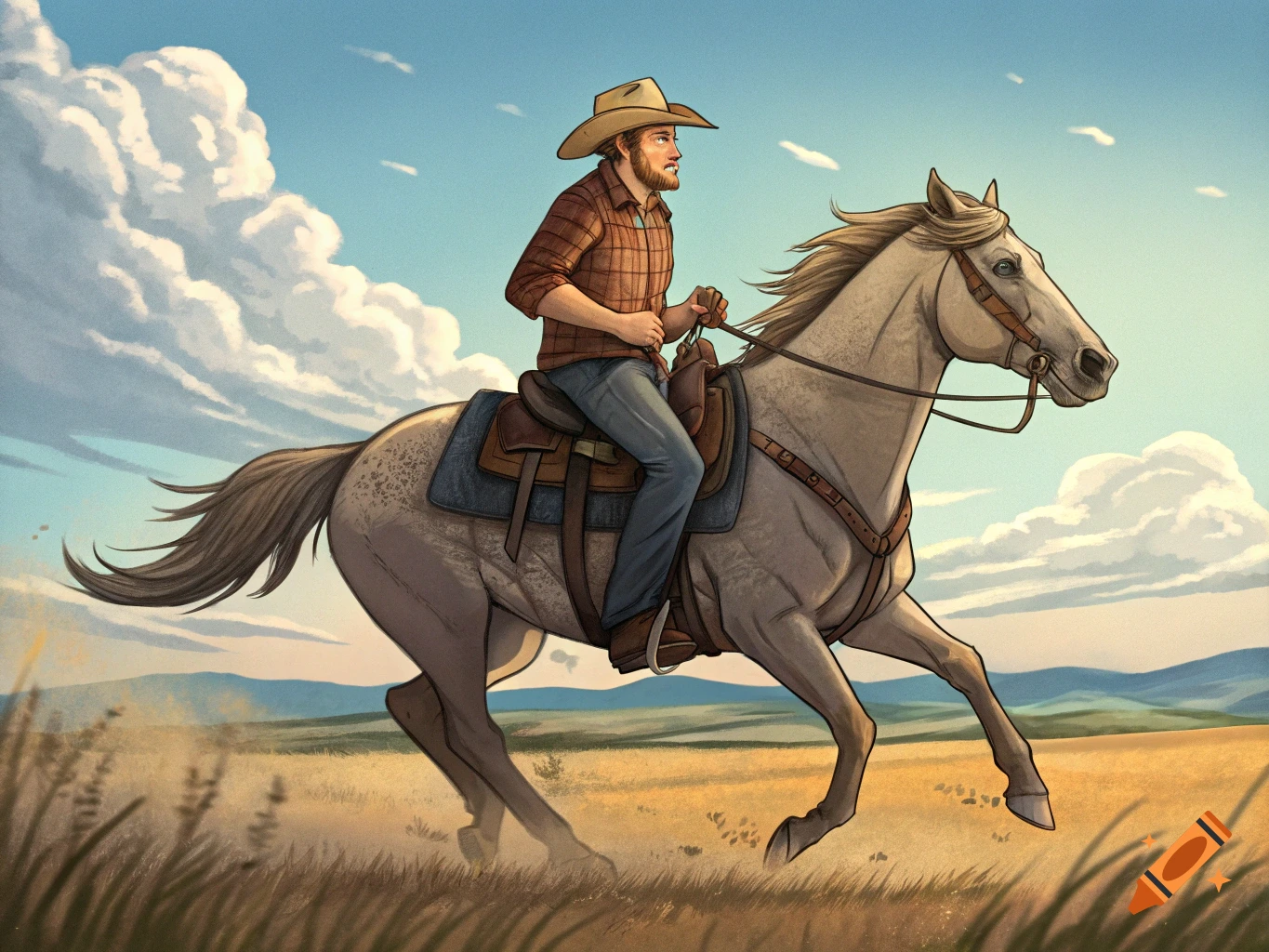 Illustration of a cowboy riding a horse through a field