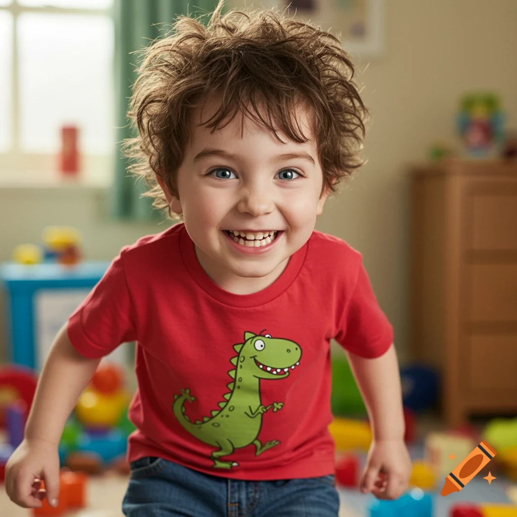 A young boy smiles widely, wearing a red shirt with a green dinosaur, in a room with toys.
