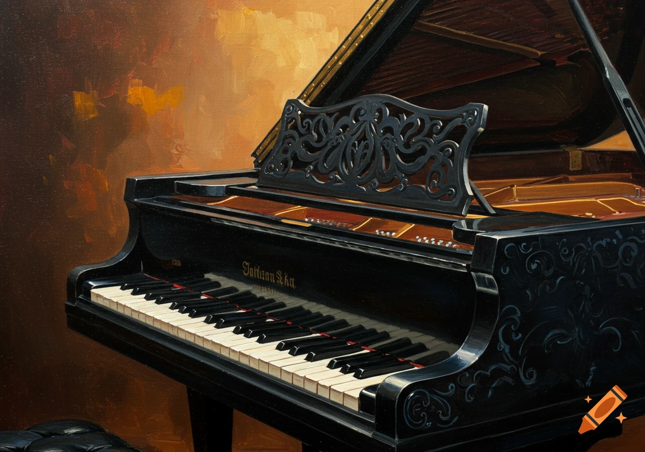 An oil painting of a black grand piano with its lid open.