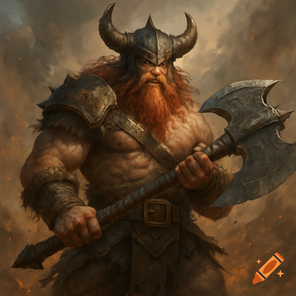 A muscular fantasy warrior wearing a horned helmet and armor, holding a large axe.