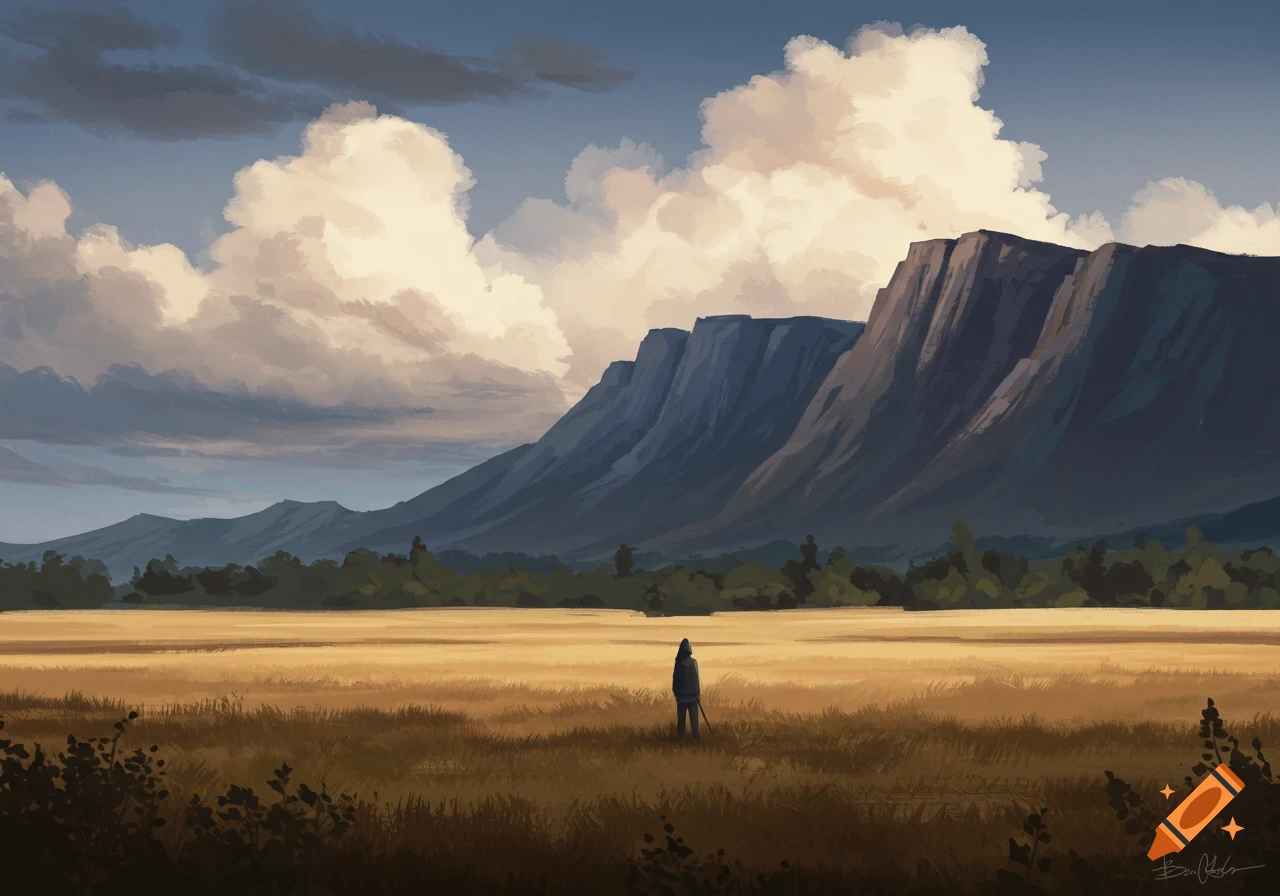A person stands in a field of tall grass looking towards cliffs and mountains under a cloudy sky.