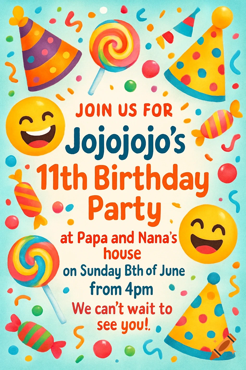 Colorful birthday party invitation with text, candy, lollipops, party hats, and smiling emojis on a light blue background.