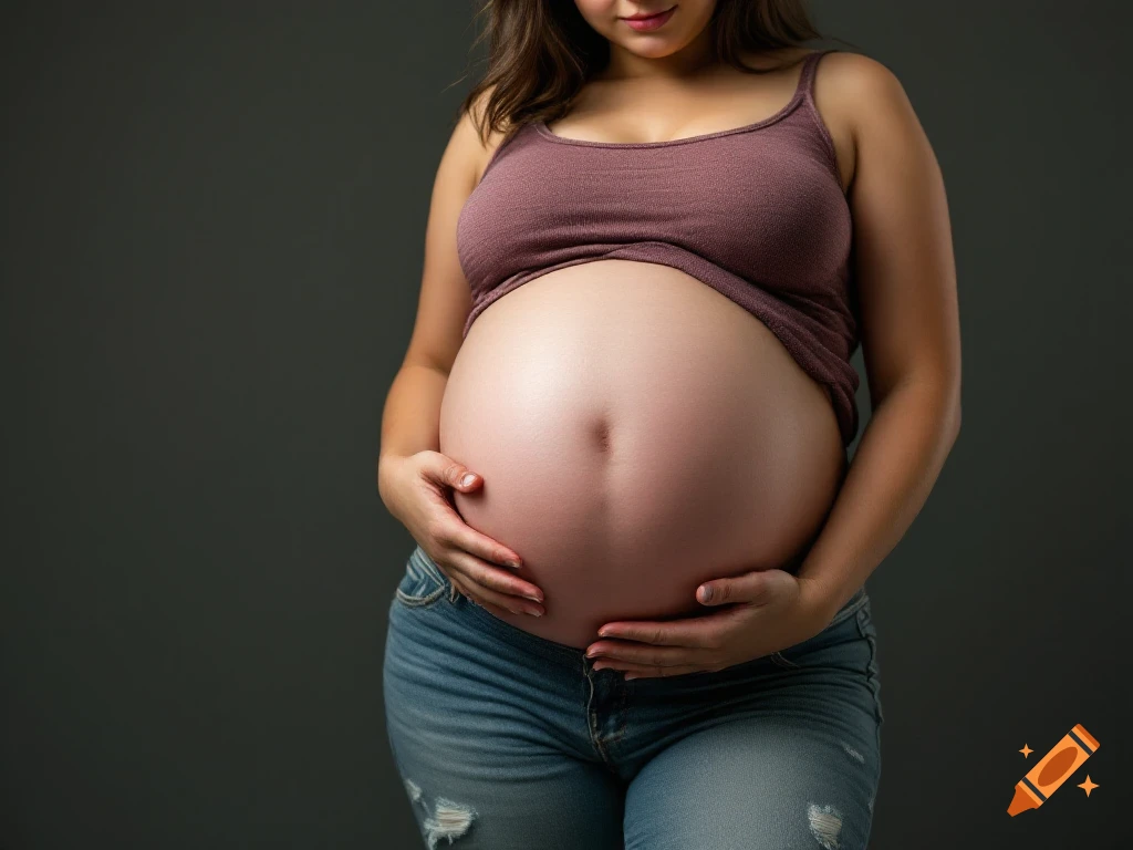 A pregnant woman holds her belly in a studio shot.
