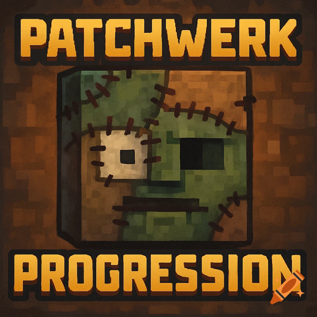 Title image for 'Patchwerk Progression' modpack featuring a stitched-up blocky zombie head on a brick background.