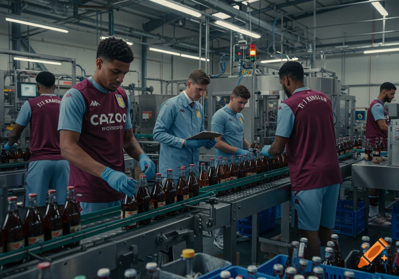 Aston Villa football players and a manager work on a bottling factory production line.