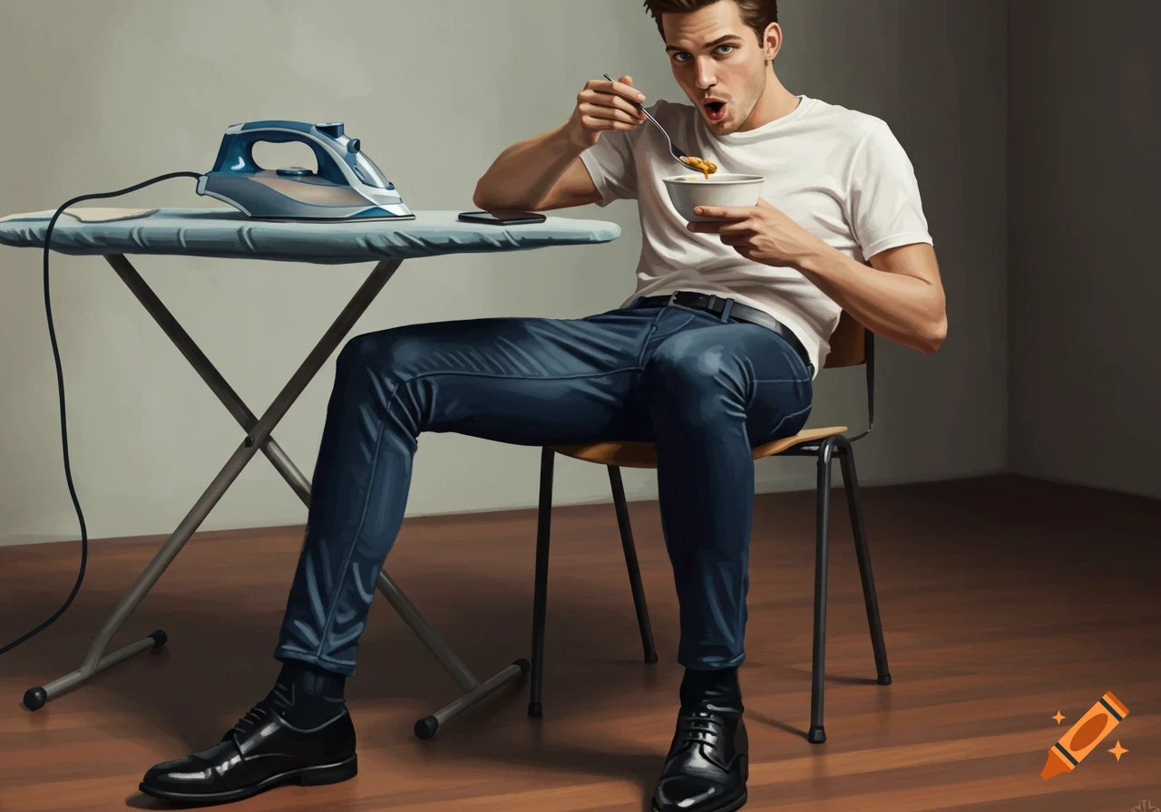 Man eating soup from a bowl while sitting next to an ironing board, illustration.