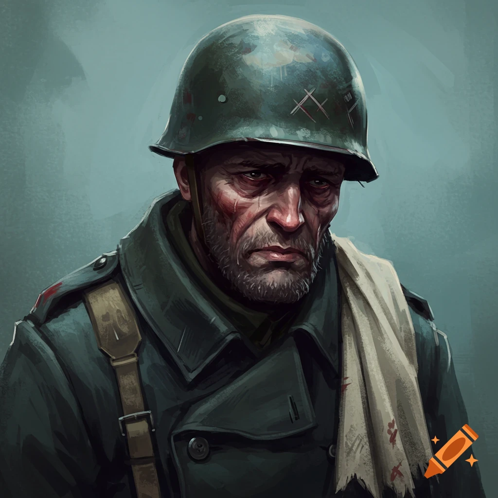 Illustrative portrait of a sad soldier in a helmet and coat.