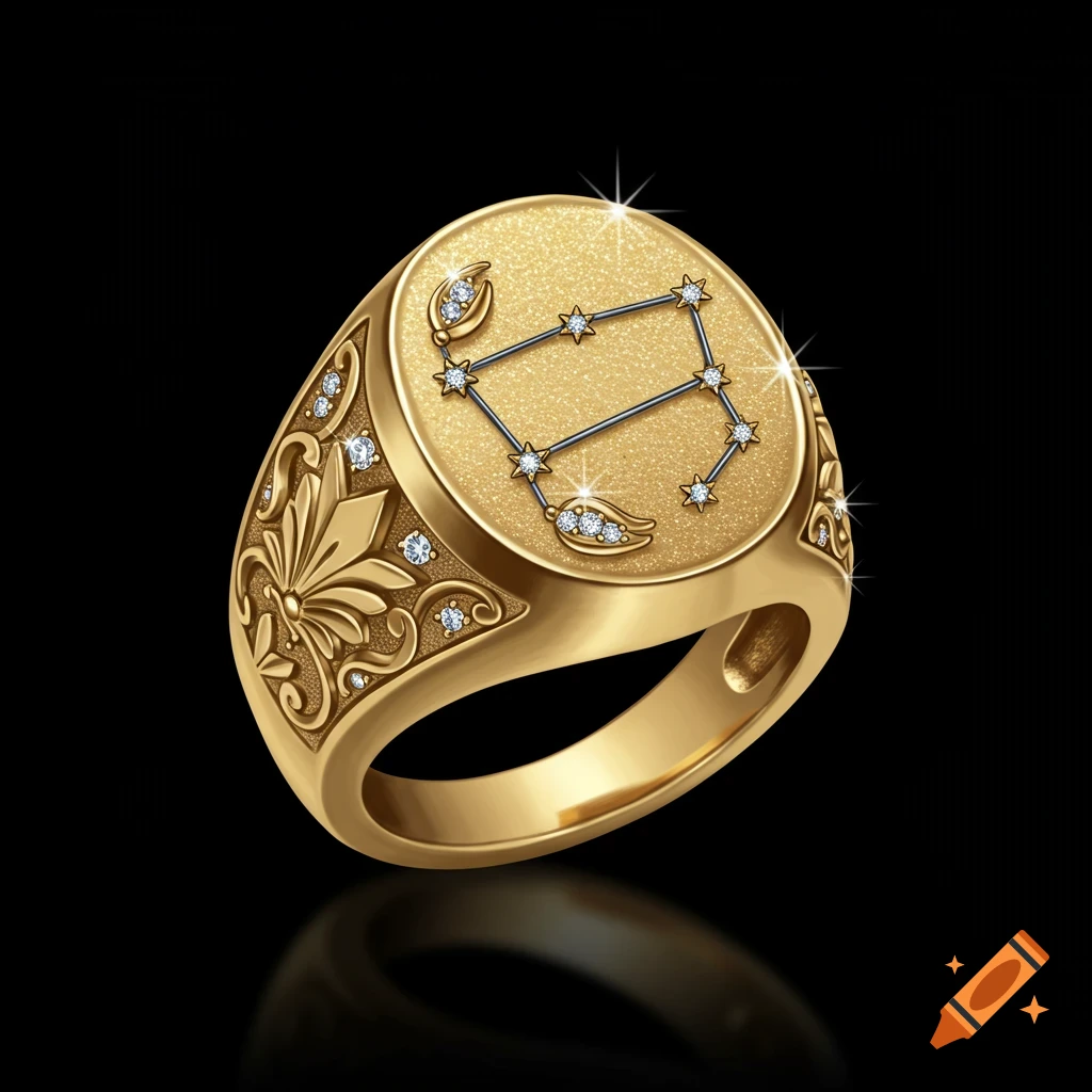 Gold signet ring with diamond-studded Scorpius constellation