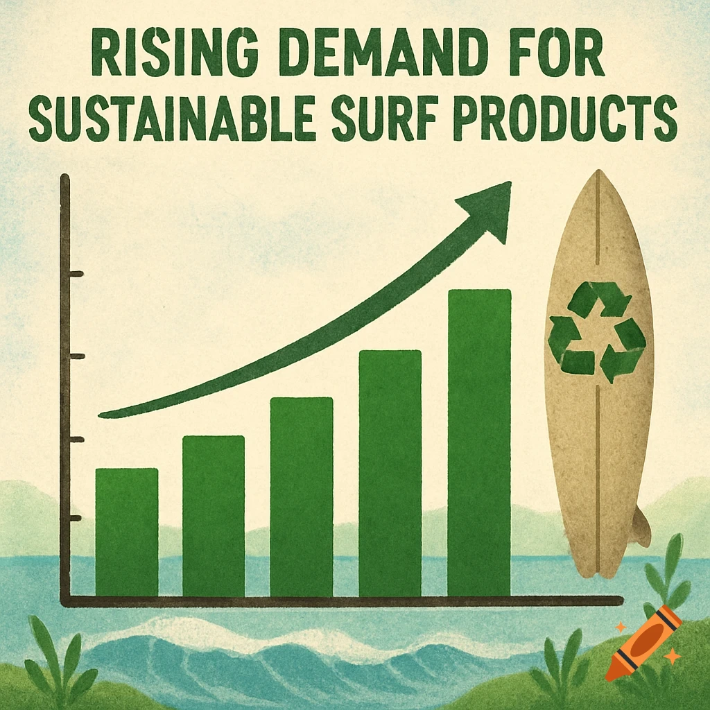 An illustration of a bar graph trending upwards next to a surfboard with a recycling symbol, titled 'Rising Demand for Sustainable Surf Products'.