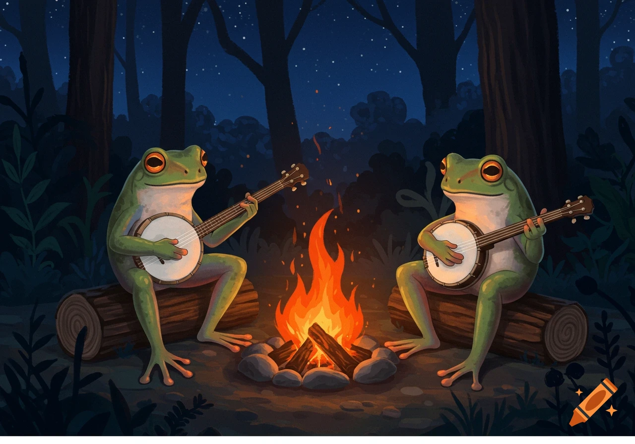 Two illustrated frogs play banjos by a campfire at night.
