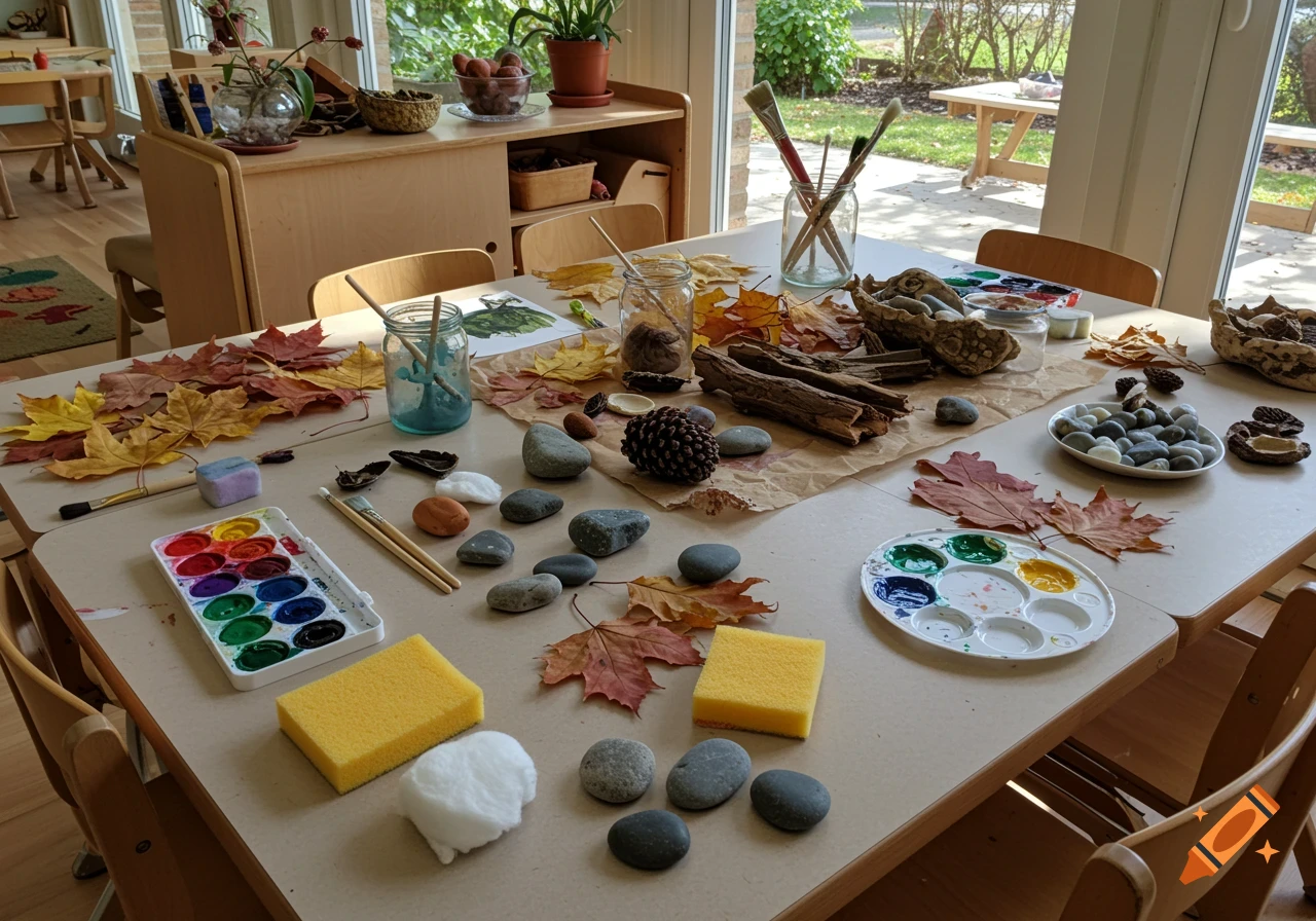 A table set up with watercolor paints, brushes, sponges, leaves, rocks, branches, and pinecones for a painting session.