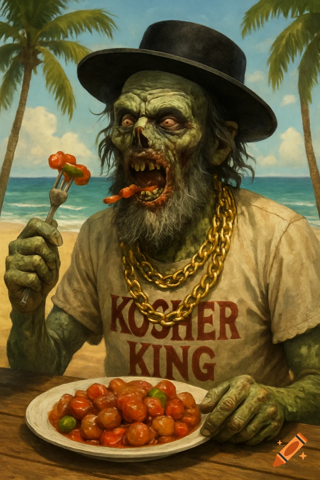 A zombie rabbi eats sweet and sour pork on a beach, wearing a 'Kosher King' shirt and gold chains.