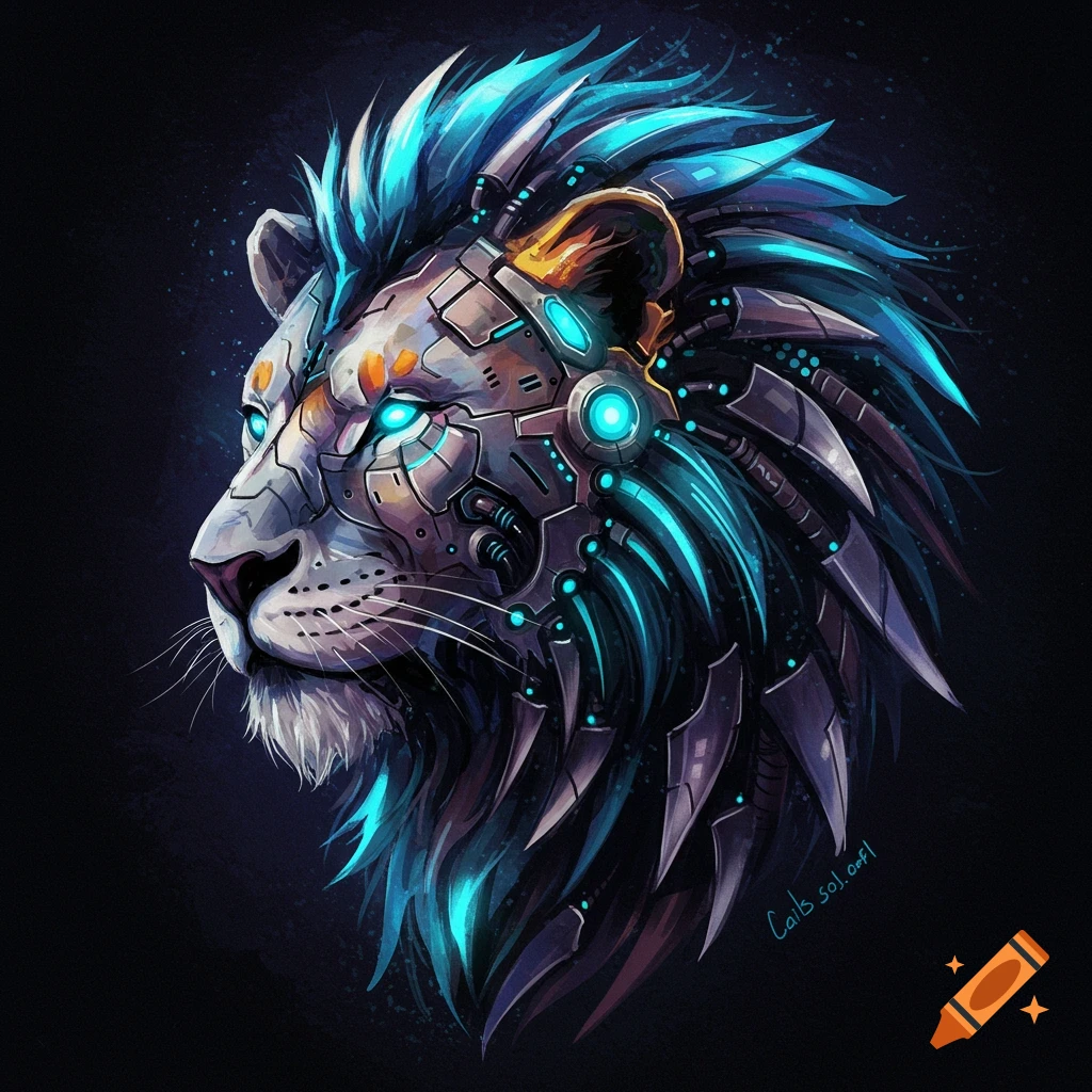Profile of a stylized biomechanical lion head with glowing blue details on a dark background