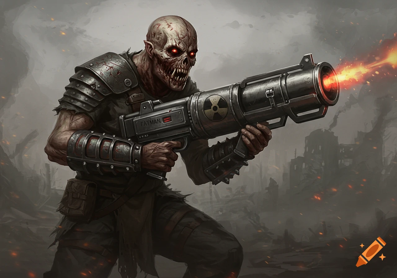 Mutant creature holding a large weapon that is firing in a post-apocalyptic wasteland, fantasy art.