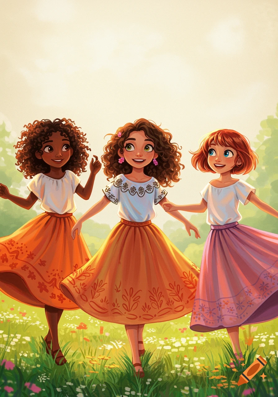 Three girls in colorful skirts dance in a grassy field, digital illustration.