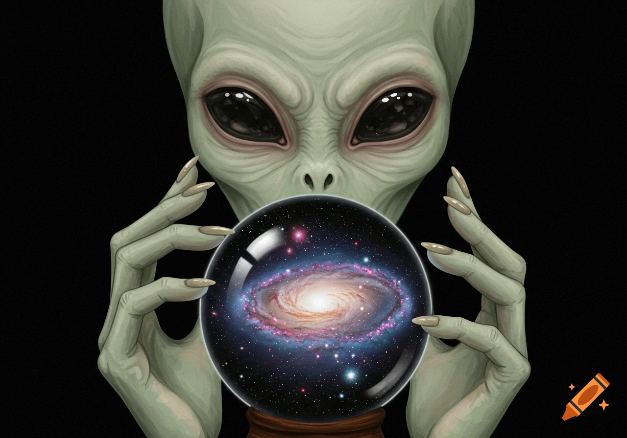An alien holds a crystal ball showing a galaxy.