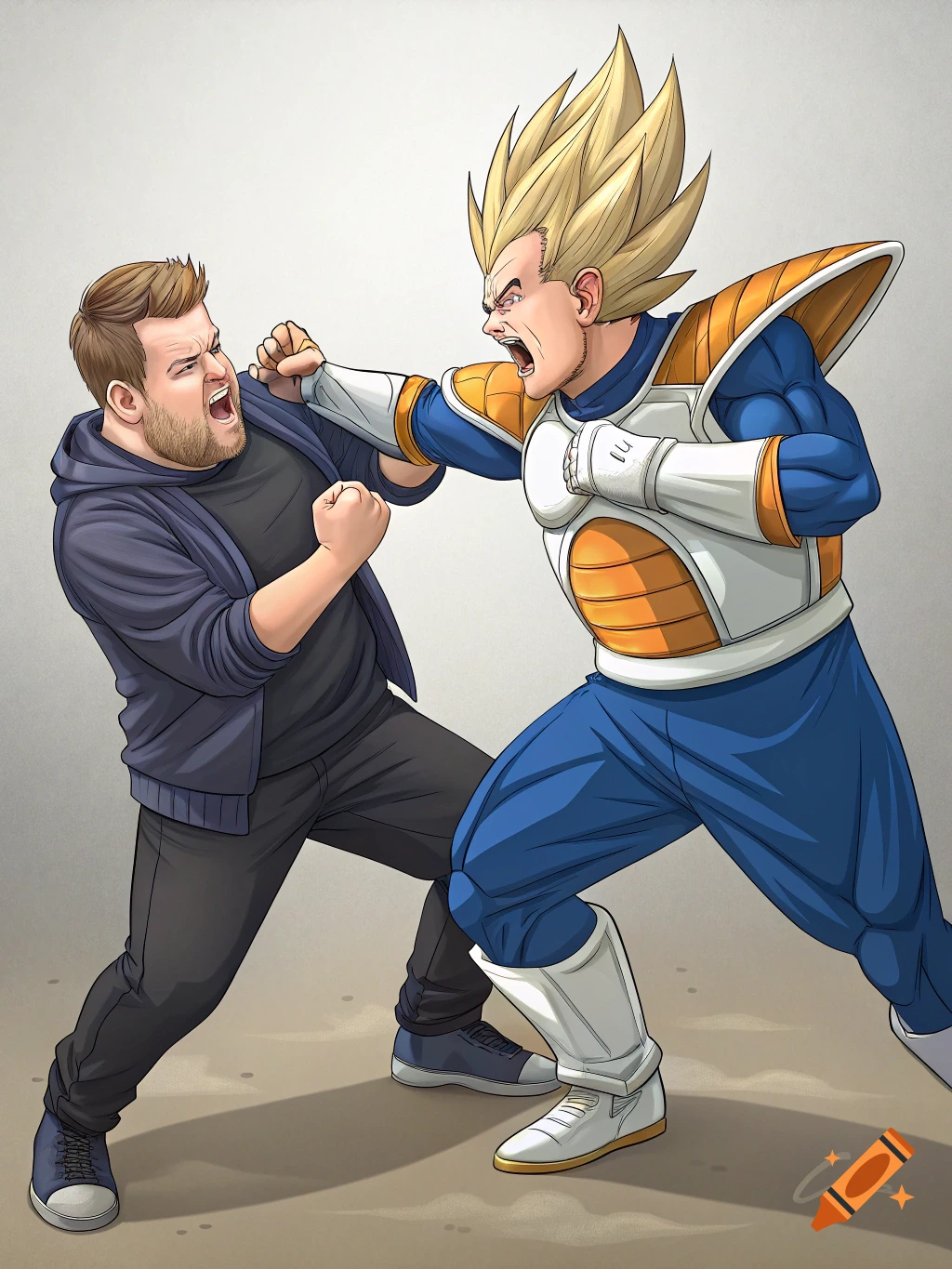 James Corden and Vegeta from Dragon Ball Z fighting in an animated style