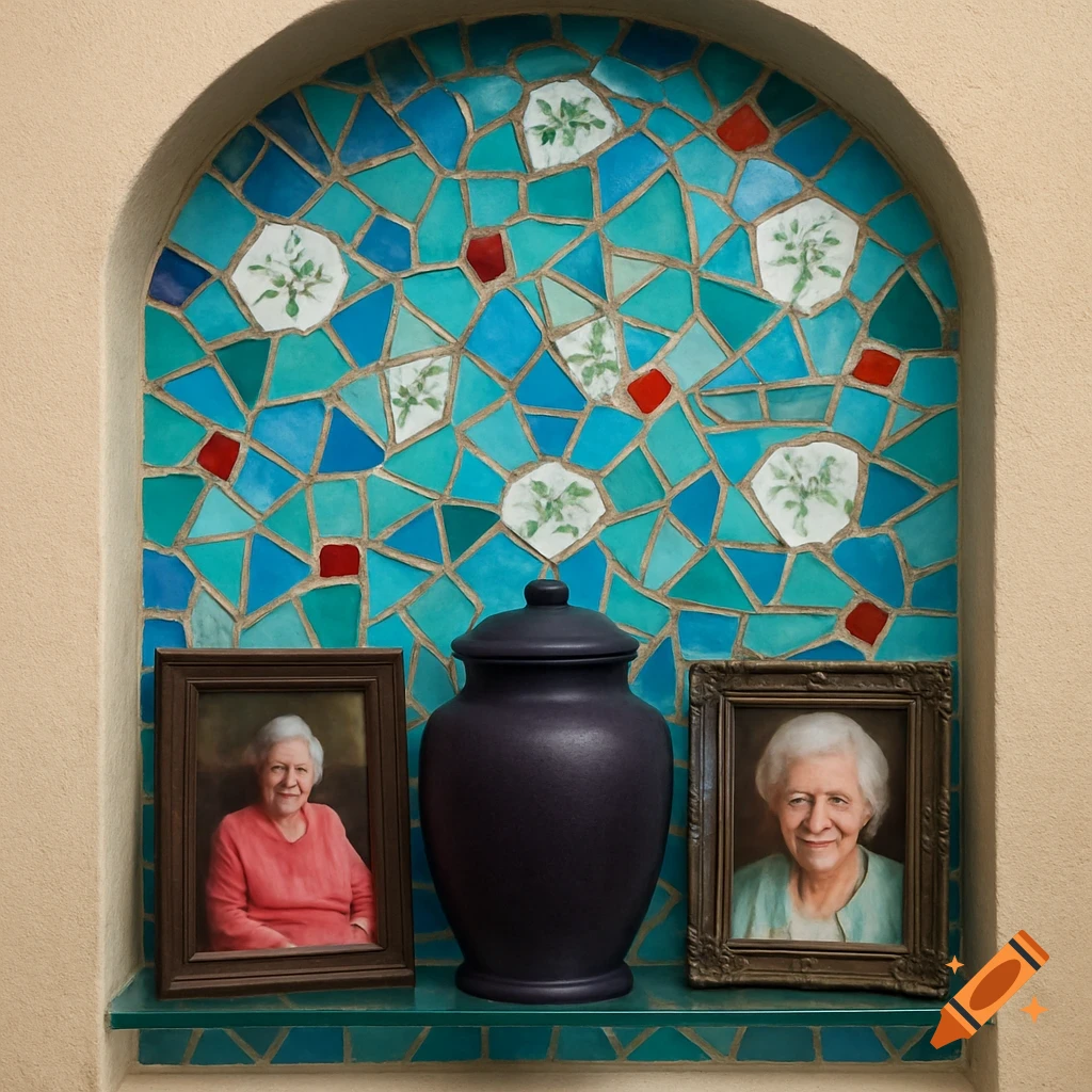 Two framed portraits of an elderly woman flank a dark urn on a shelf in an alcove with a blue and green mosaic backsplash.