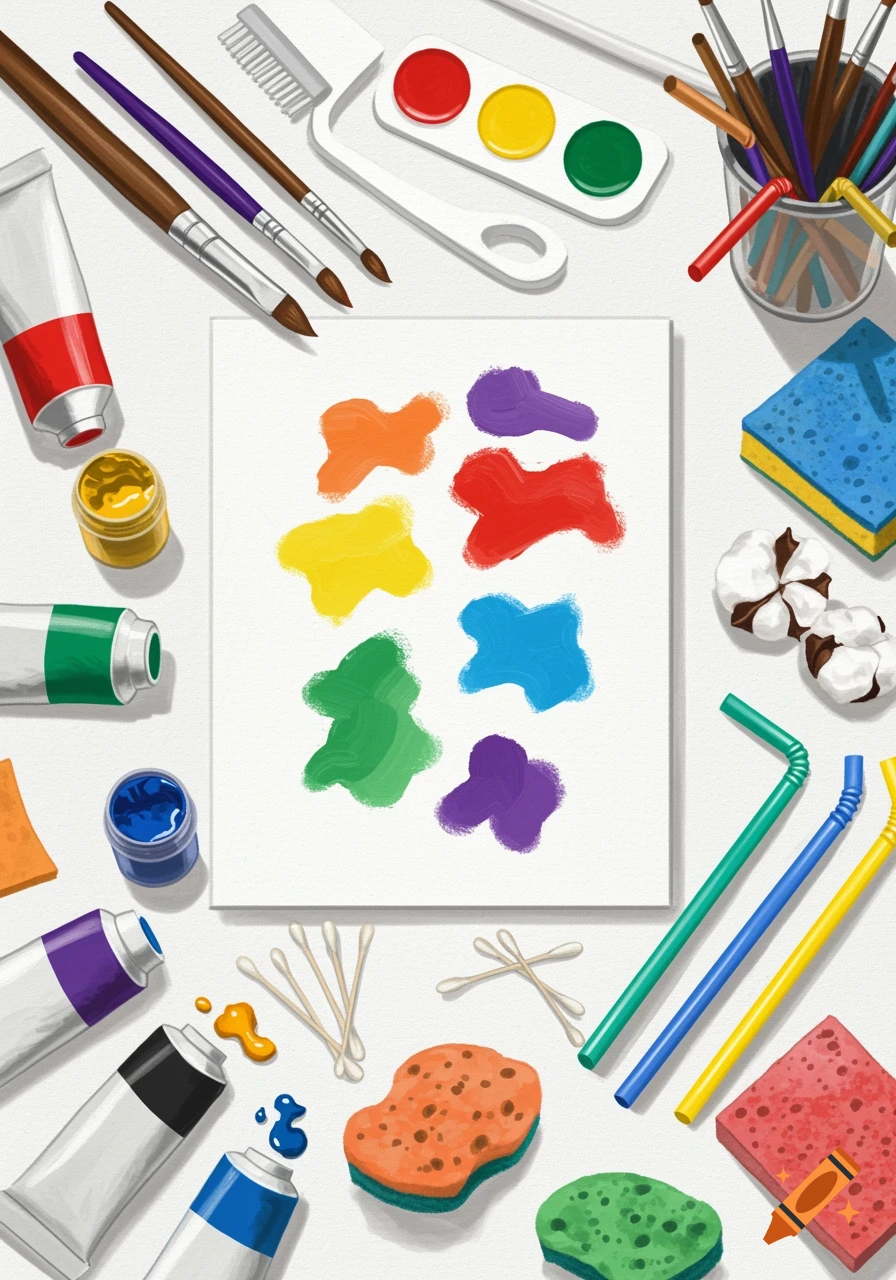 Illustration of art supplies including paints, brushes, sponges, and straws surrounding a canvas with colorful paint swatches.