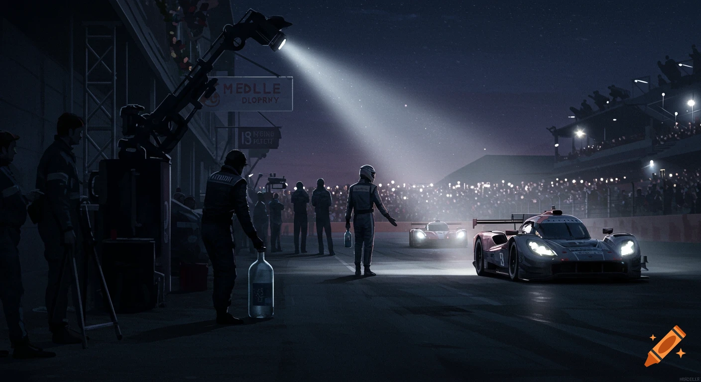 Night pit stop scene at a race track with pit crew and race cars under spotlights.