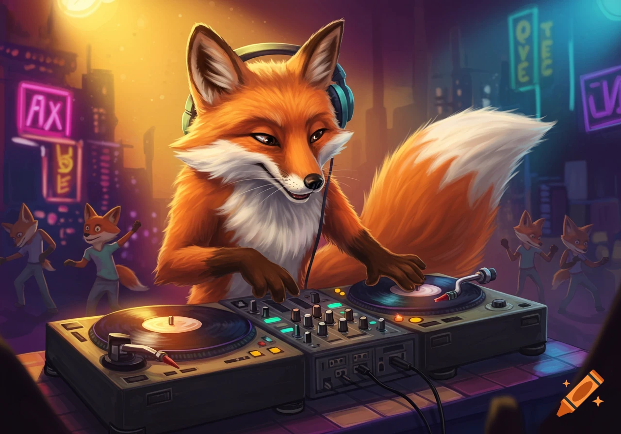 A cartoon fox DJ with headphones mixing music on turntables in a neon ...